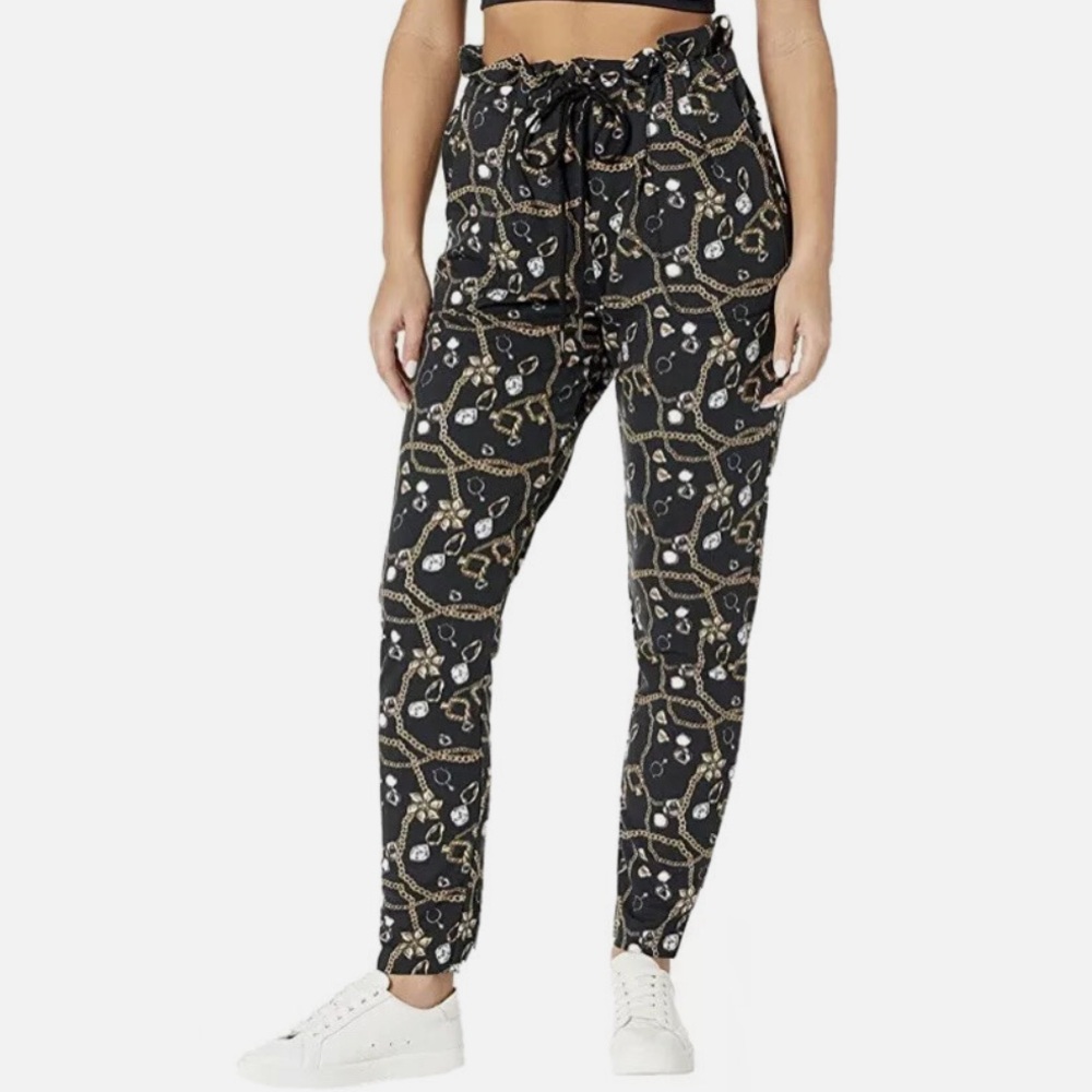 GOTTEX Paperbag Cotton Blend French Terry Pants Gold Chain Gem Print Size Large